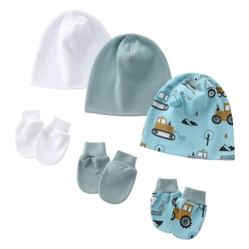 3 Set Baby Bonnet Caps Newborns Fetal Hat Fashionable Brimless Hat Trendy Headgear with Soft Anti-grab Mittens Gloves