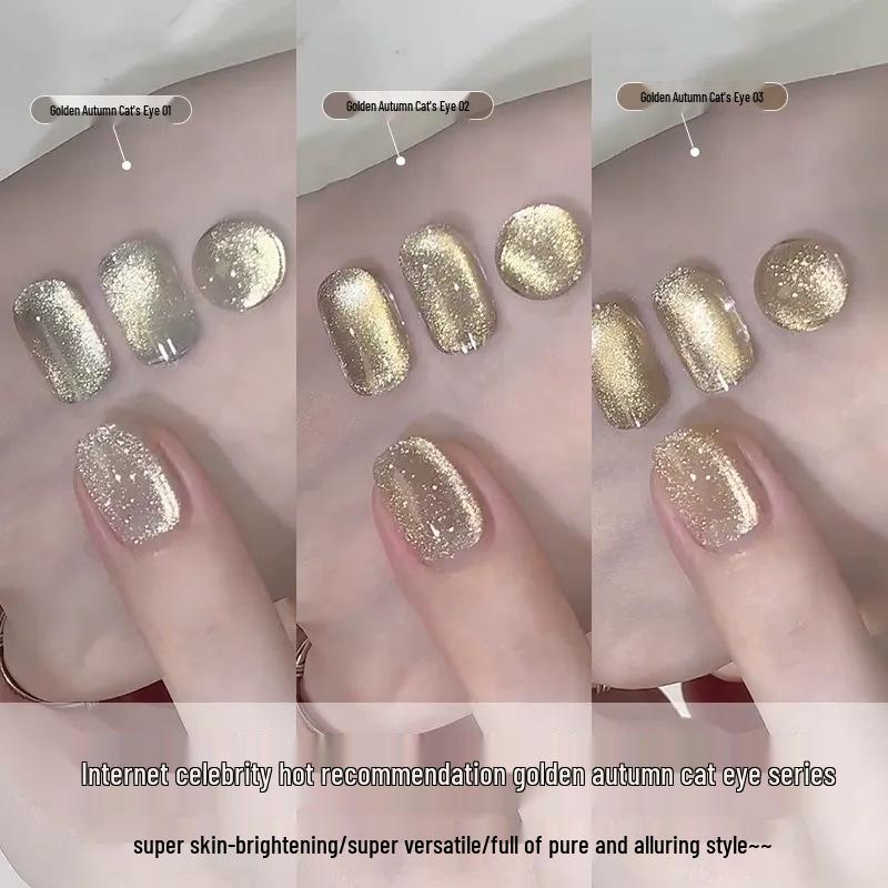 

2025 Fuchsia Autumn Cat Eye Gel Nail Polish Set - Flash Mirror Gold & Porcelain White