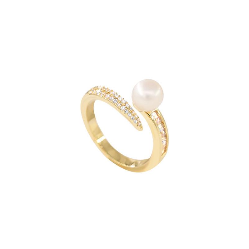 Stylish Ins Inspired Pearl And Crystal Adjustable Ring For Women In Trendy Geometric Style