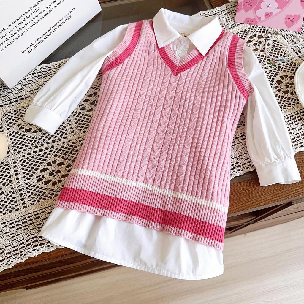 Dívčí pletené svetrové šaty s košilí s dlouhým rukávem - Podzimní/Jarní móda AQA135-GZ9316