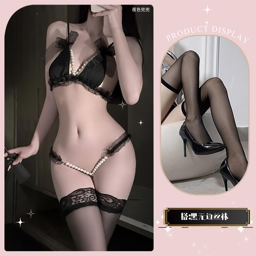 Sexy lingerie sexy lace three-point small chest shows big pearl seduction thong passion free women