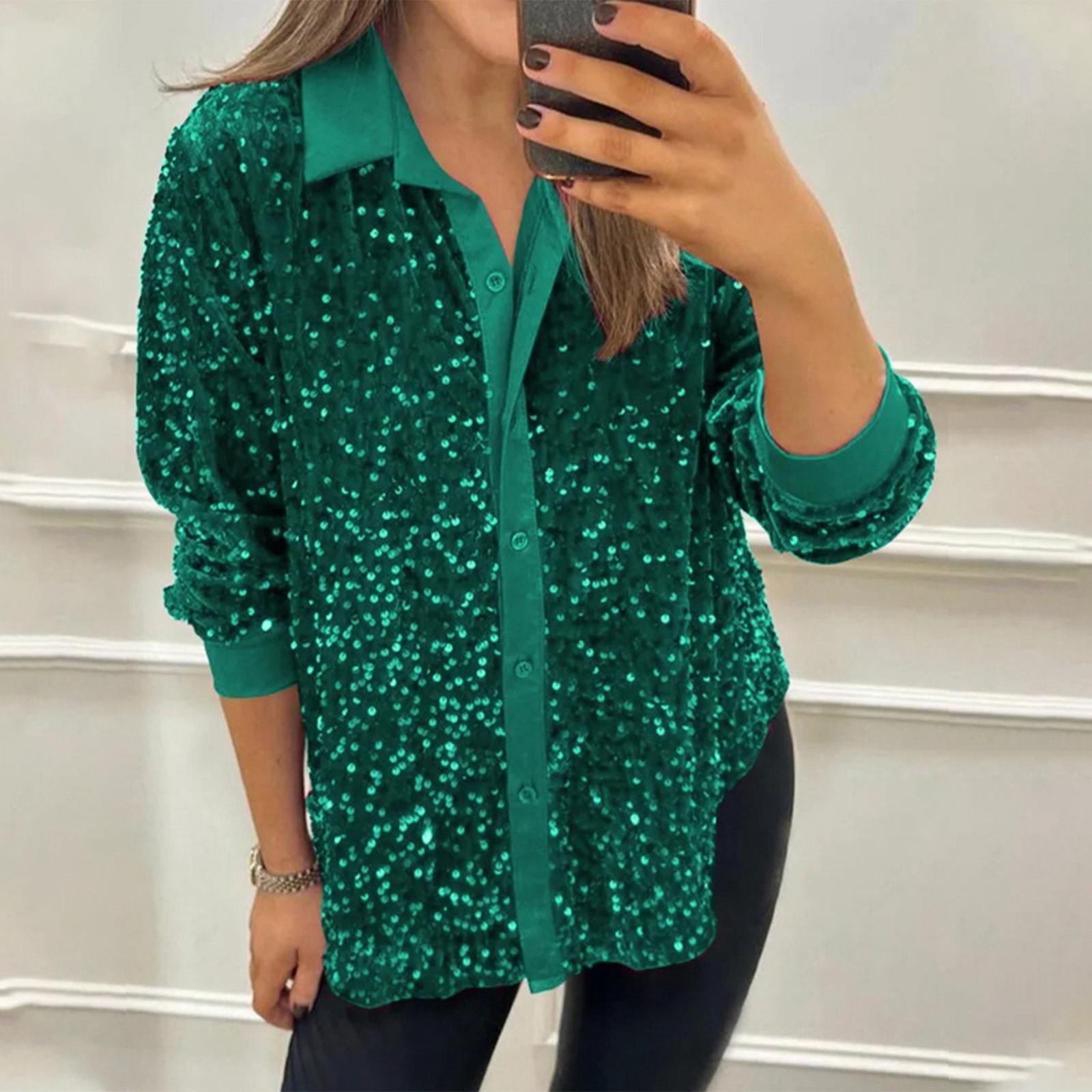 

Женская модная однотонная рубашка с длинным рукавом и воротником на пуговицах с блестками XL зелёный