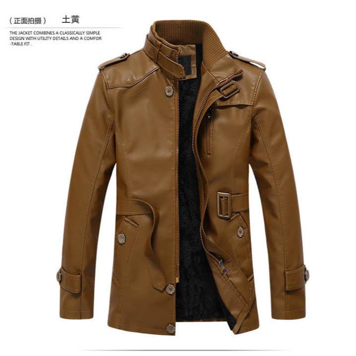 Men's stand-up collar leather jacket medium and long European and American original single fleece thickened locomotive imitation leather jacket