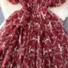 Summer Lace Hook Flower Embroidered Bubble Sleeve Dress for Womenfashion Slim Waist Dress Female A-line Cake Party Retro Dress