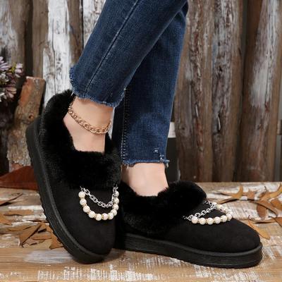 Luxe Parelketting Faux Fur Sneeuwlaarzen Dames 2025 Winter Ronde Neus Antislip Dikke Zool Katoenen Laarzen Warme Korte Pluche Booties