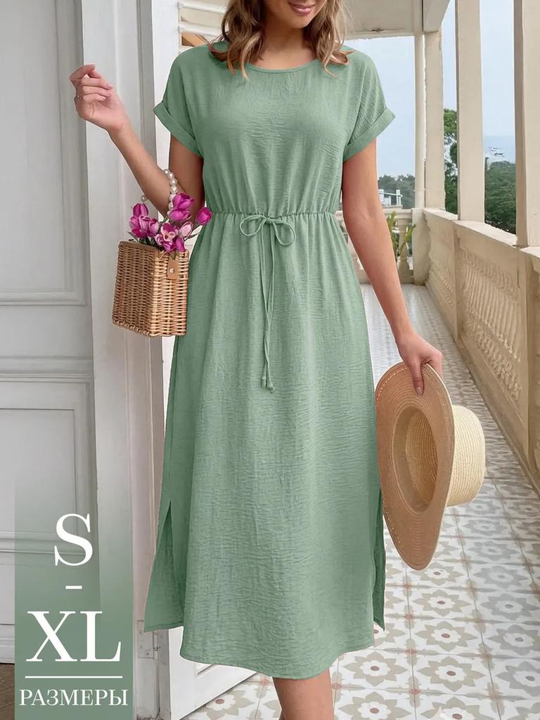 women's crinkle textured round neck drawstring waist short sleeve side split midi sundress summer casual beach dress