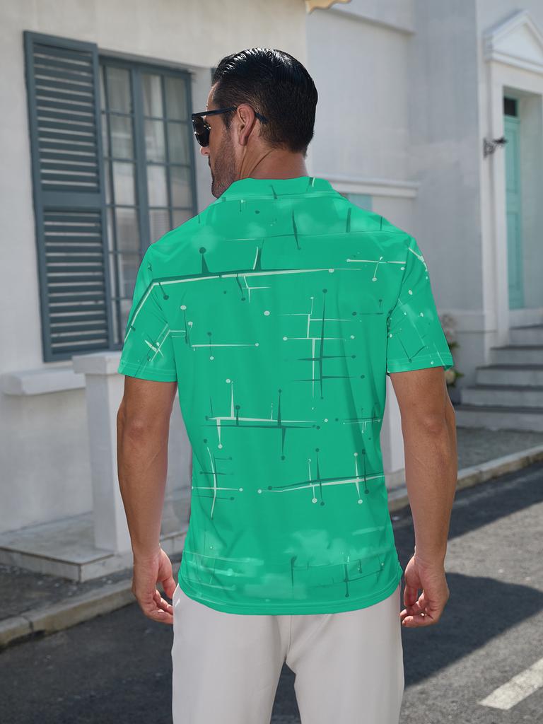 Printed Design – Not Textured Men's Short Sleeve POLO, Flat Digital Print Pattern - Abstract Line Design On Green Background, Fashionable Minimalist