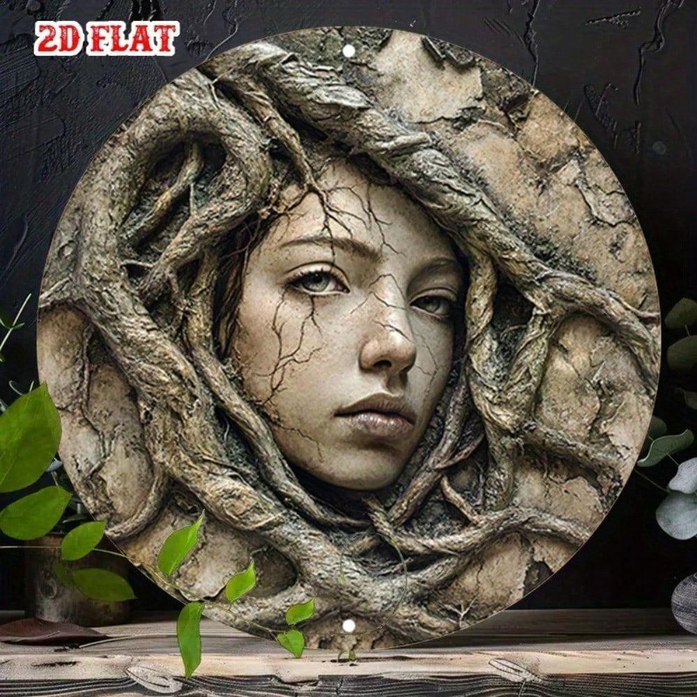 Retro Round Metal Tin Sign 7.8 Inch Stone Face Wall Art Nature Roots Design Frameless Home Decor