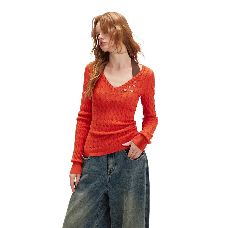 

UNIFREE Vintage Cable Knit V-Neck Slim Fit Pullover Sweater for Women M