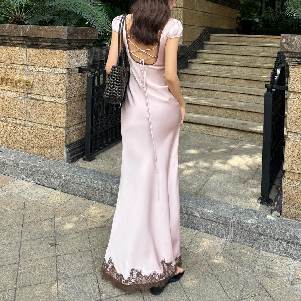 European and American women's clothing 2026 summer new temperament socialite style slim backless lace splicing hip dress