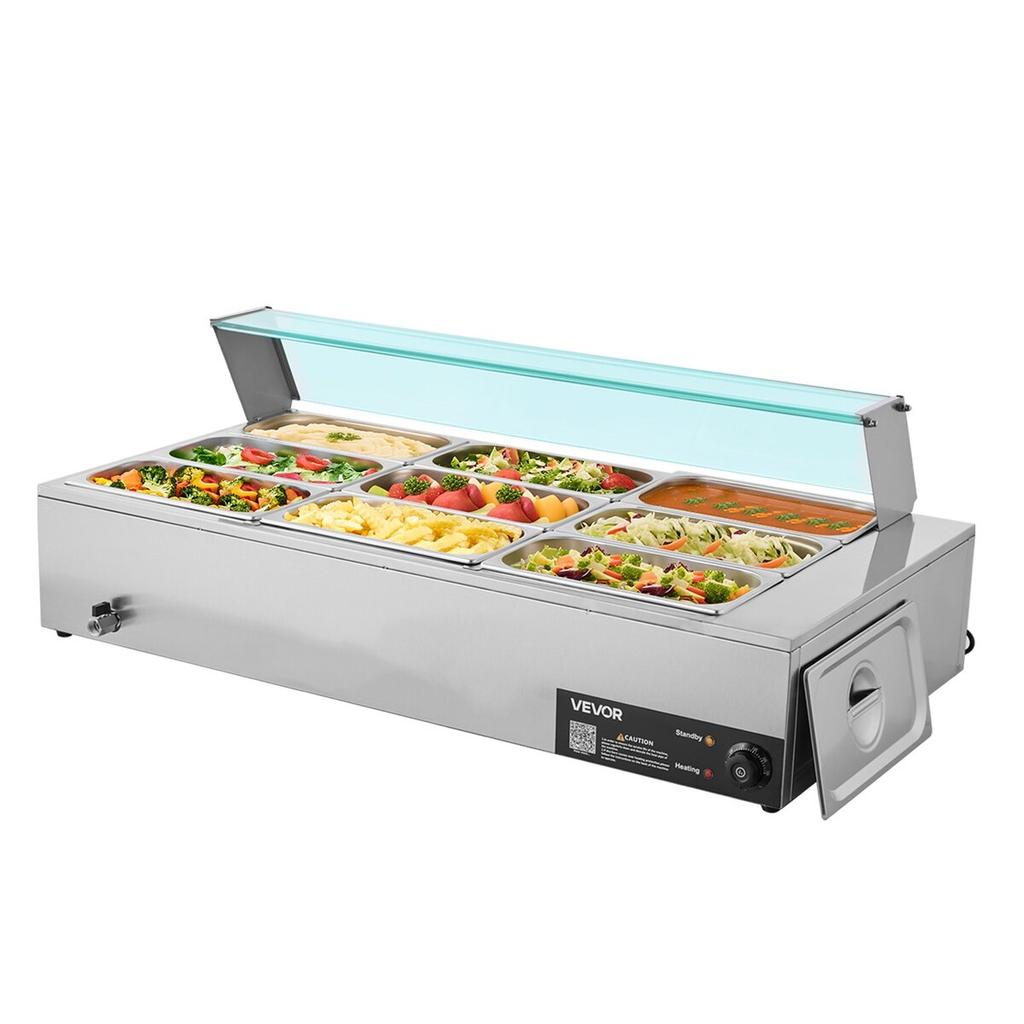Commercial Food Warmer, 1500W Electric Stainless Steel Steam Food Warmer with Glass Cover, 9-Pan Countertop Buffet Bain Marie with Soup & Perforated