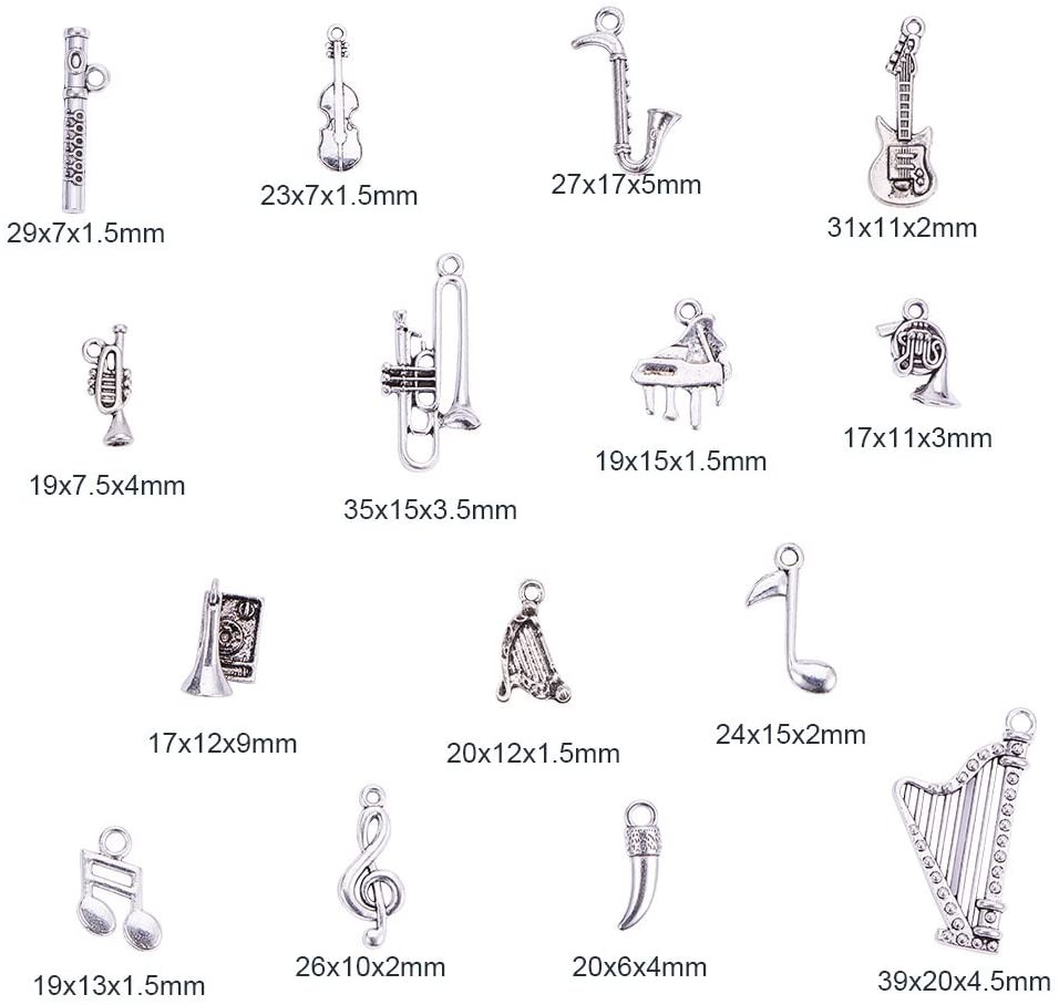 Tibetan Style Alloy Pendants Musical Instruments Antique Silver 90pcs/set