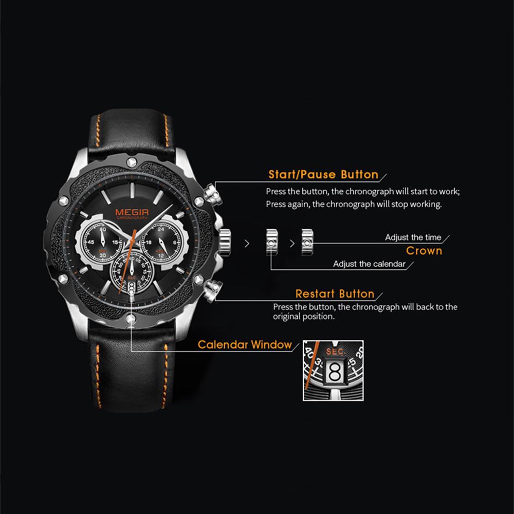 MEGIR Luxury Sports Watches for Men Waterproof Quartz Wrist Watch Chronograph Fashion Leather Military Clock Reloj Hombre 2070