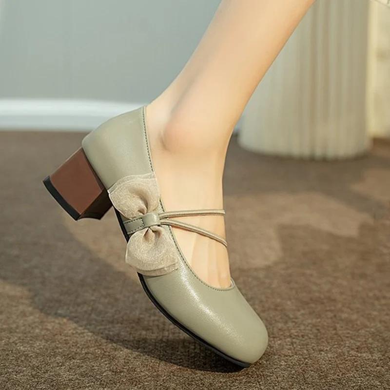 Fashion Square Toe Women Mary Janes Shoes Mid Heels Bow Elegant Woman Pumps 2025 Trend Brand Fashion Lolita Sandals Women’s Zapatillas