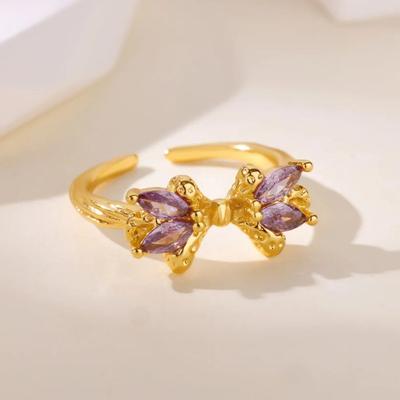 Lila Zirkon Schmetterlingsring Ringe für Damen Goldfarben Edelstahl Geometrischer Schmetterlingsring Ästhetischer Weihnachtsschmuck
