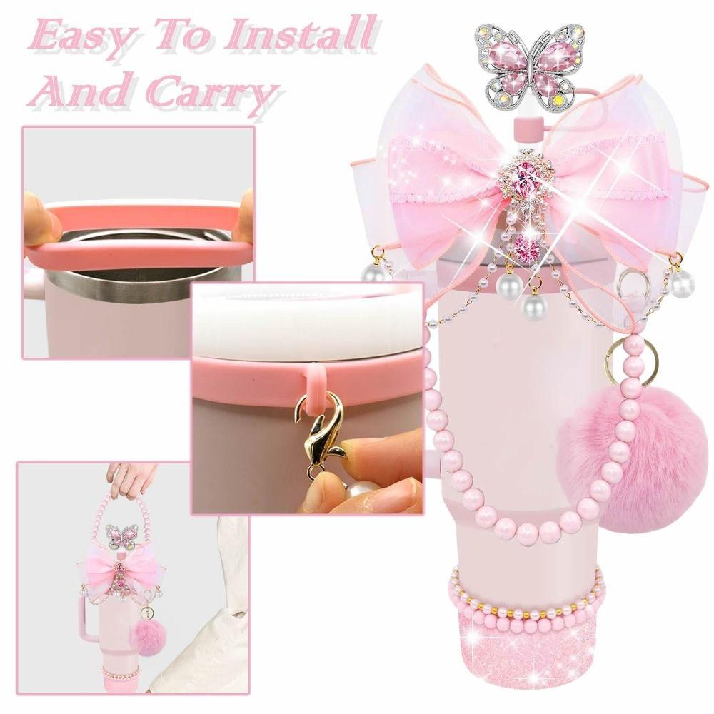 8/9Pcs Pink Tumbler Cup Accessories Silicone Straw Cover Pearl Charm for Cup Decoration Bow Tie Cover