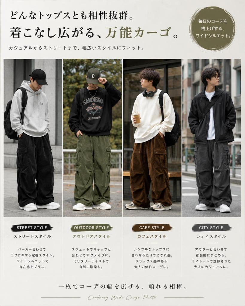 [foveitaa] Men's Corduroy Cargo Pants, Long Pants, Oversized, Wide Leg Pants, Relaxed Fit, Gaucho Pants, Sweatpants, Sportswear, Outdoor Wear, Adjusta