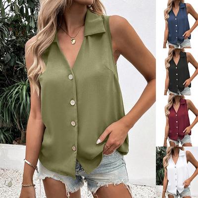 Moda Feminina Verão Casual Sem Mangas Camisola Decote V Botões Camisas Femininas Cor Sólida Blusas de Chiffon Soltas Tamanho Grande Tops Camisole