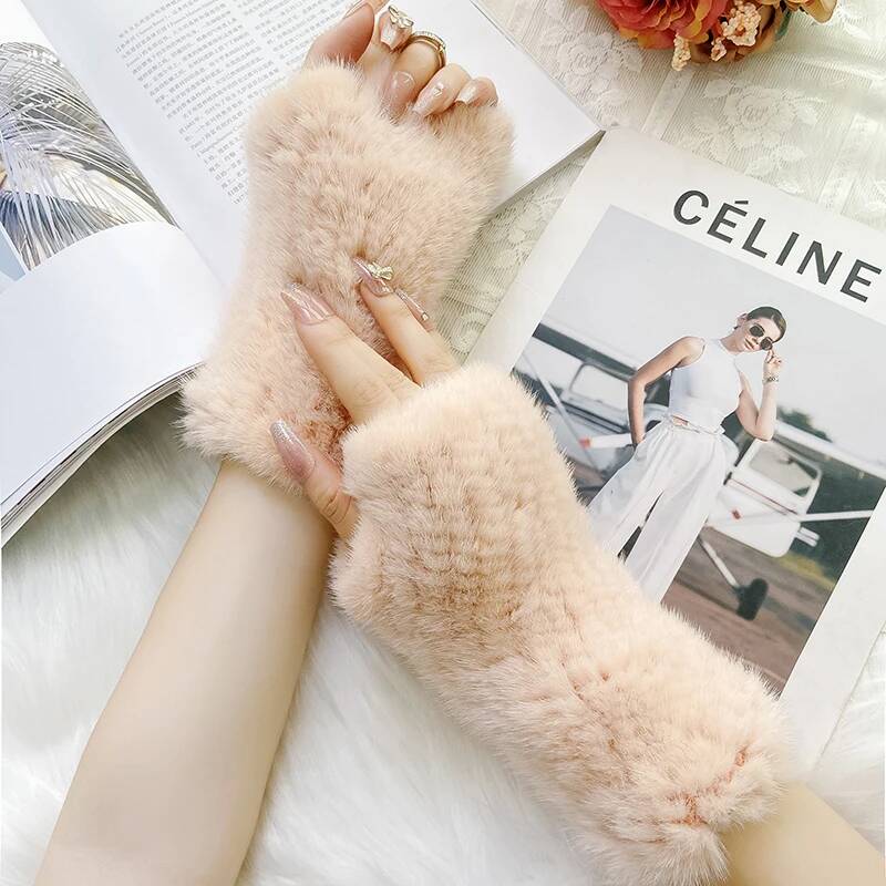 Real Mink Fur Gloves Winter Women's Half Finger Fur Gloves Thickened Handmade Mink Fur Gloves Lady Outdoor Warm Fur Gloves