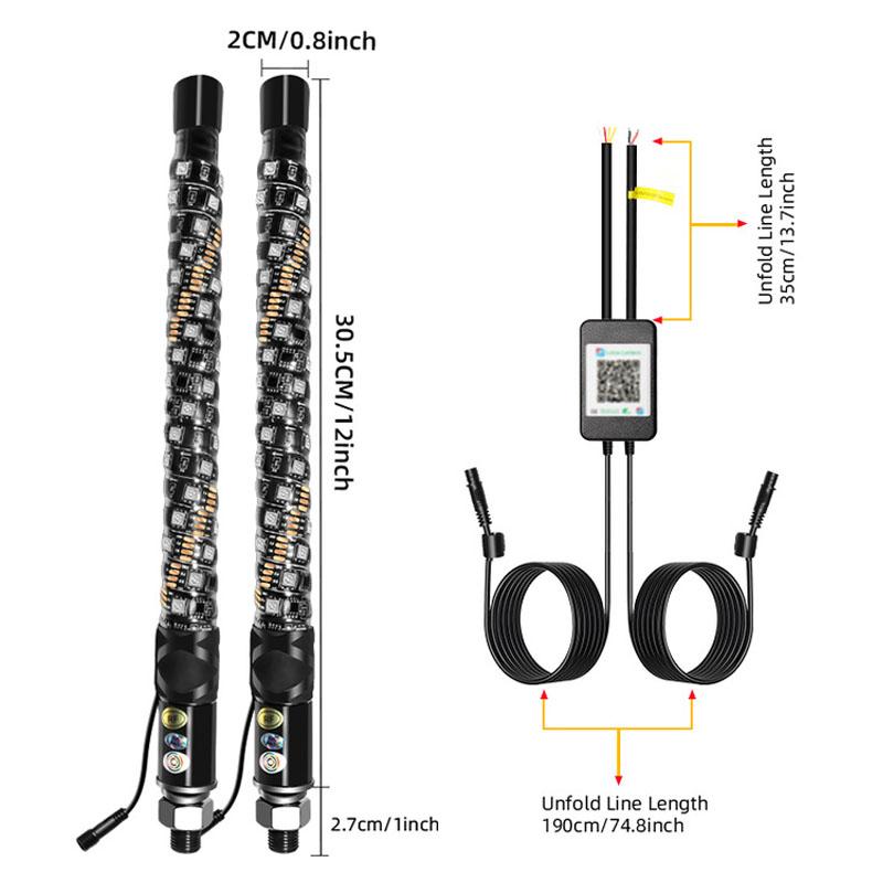 2PCS 1FT LED Whip Lights APP Remote Control Flagpole Antenna Whips LED Flagpole Lamp for UTV ATV Off-Road Truck RZR Car
