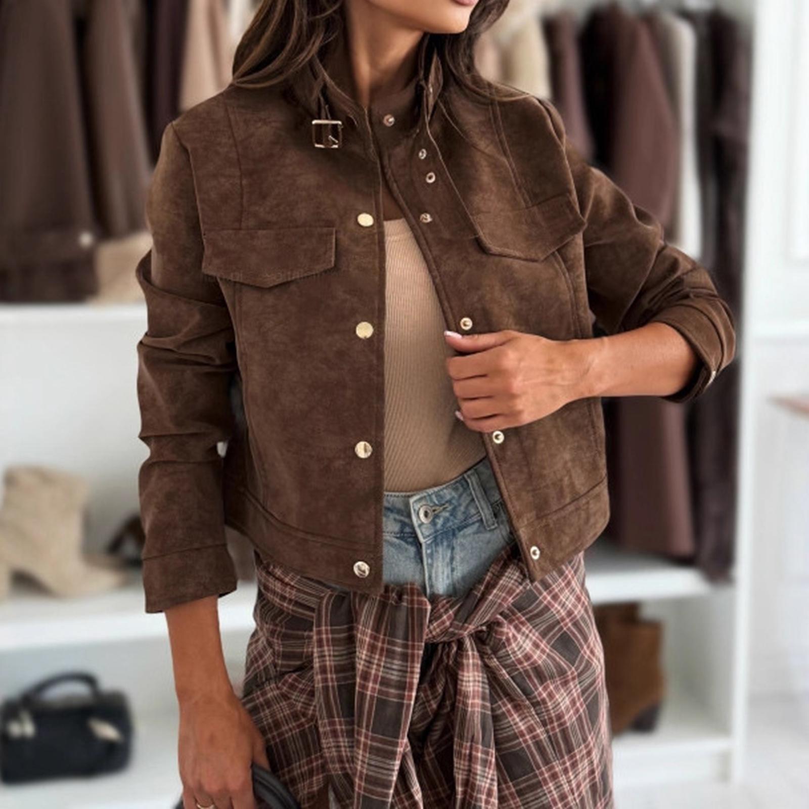 

Женская мода однотонные топы куртка с длинным рукавом на молнии пальто M кофейный