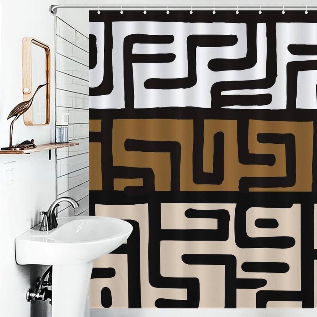 African Mudcloth Shower Curtain, Bohemian Modern Abstract Geometric Print Tribal Africa Ethnic Pattern Boho Brown Waterproof