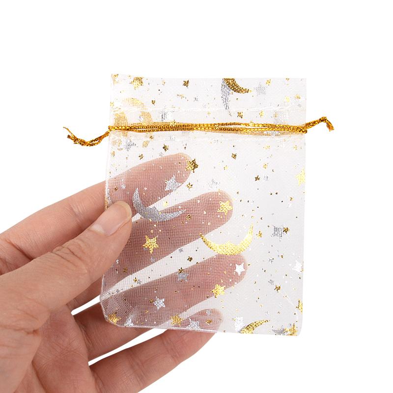 50Pcs Moon Star Drawstring Organza Bags Eid Mubarak Ramadan Candy Gift Packing Bag Jewelry Pouch Wedding Party Decoration Supply