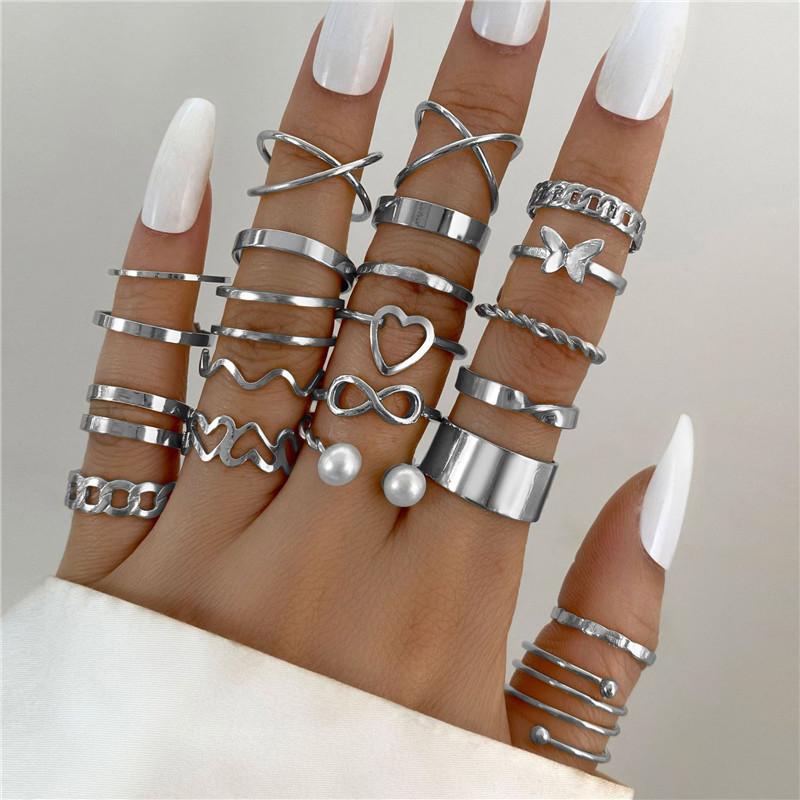 LETAPI Bohemian Vintage Heart Geometric Ring Set For Women Gold Color Boho Butterfly Pearl Hollow Leaves Rings Jewelry Gifts