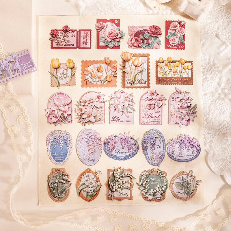 3D Ukiyo-e Floral Embossed Stickers: Retro Artistic Collage Materials for Journals