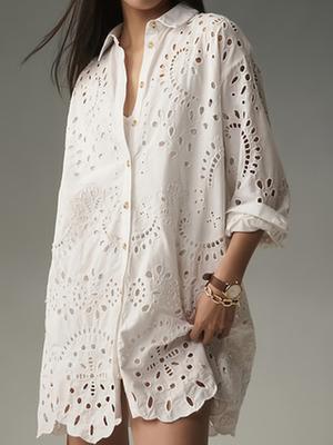 Spring Summer Casual Daily Solid Hollowed Out Button-Down Shirt