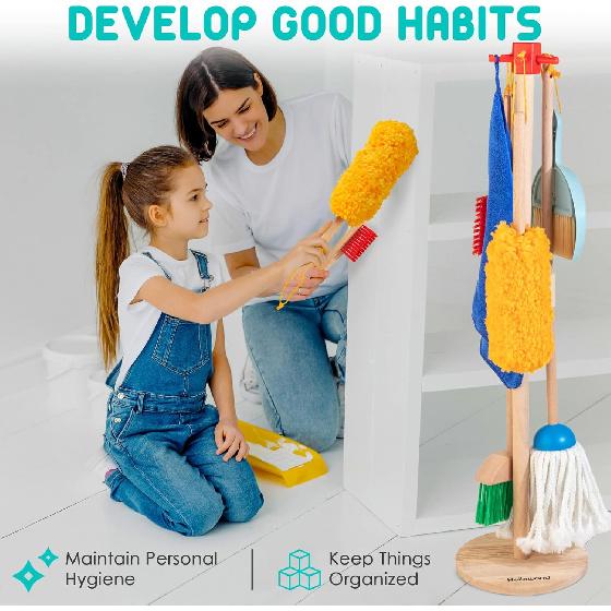 Kids Cleaning Set, 8 Pcs Wooden Housekeeping Play Set Includes Broom Mop Duster Dustpan Brushes Rag and Organizing Stand, Cleaning Toys Gift for