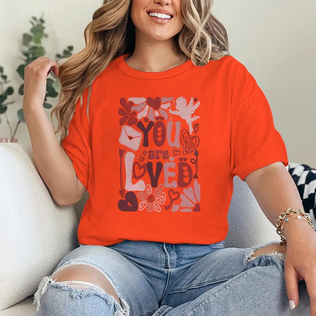 You Are Loved Graphic T Shirts Women Boho Valentine Floral Design Womens Clothing Valentines Day Heart Coquette Retro Tee Top