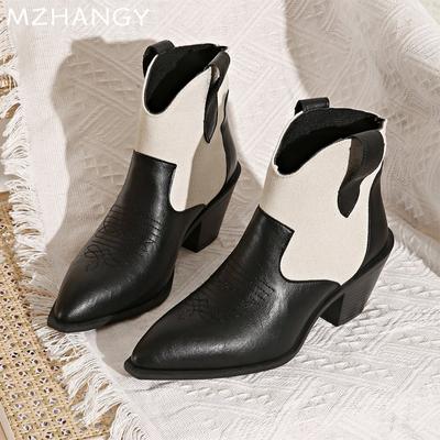 Pointed Toe Women Snow Ankle Boots Leather Mid Heels Fashion Shoes Woman 2024 Trend Winter Chelsea Boots New Pumps Mujer Botas