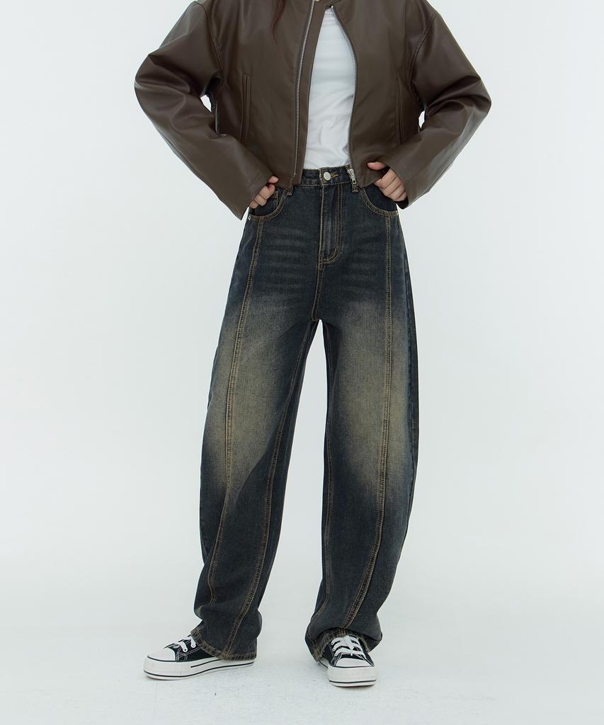 Akeusi Craft Centerline Over Balloon Fit Wide Denim Pants (Dark Blue)