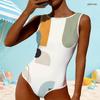 Women Plus Size High Round Neck Sleeveless One Piece Geometric Printed Swimsuit