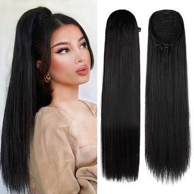 Synthetic Long Straight Ponytail Hair Extensions With Clip In Natural Hair Drawstring Ponytail For Women Daily Wear