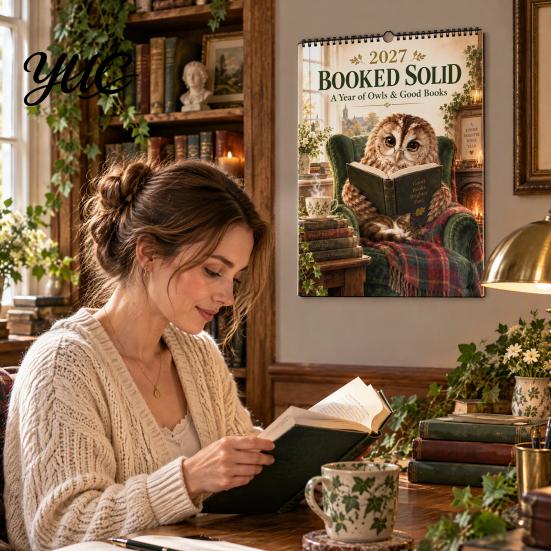 Decorative Wall Hanging for Study 2027 Calendar with Cute Owl Reading Illustrations, Retro Oil Painting Style Monthly Schedule Organizer Home Planner