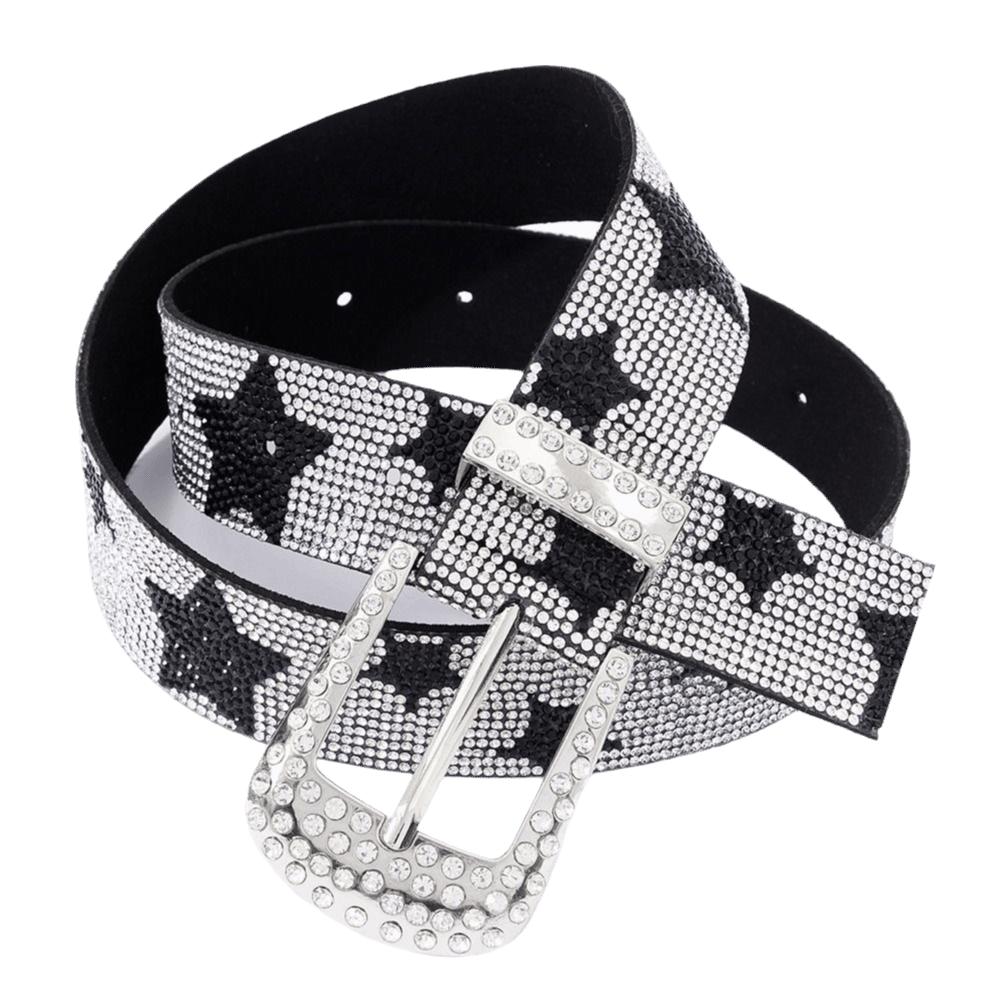 Vintage Sparkling Rhinestone Belt PU Leather Waist Strap Fashion Trendy Waistband  For Women
