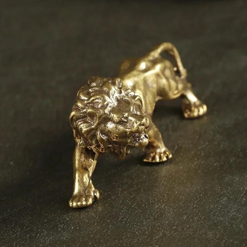 Antique Bronze Male Lion King Statue Small Ornaments Solid Copper Mountain Lions Miniature Figures Brass Sculpture Crafts Decor