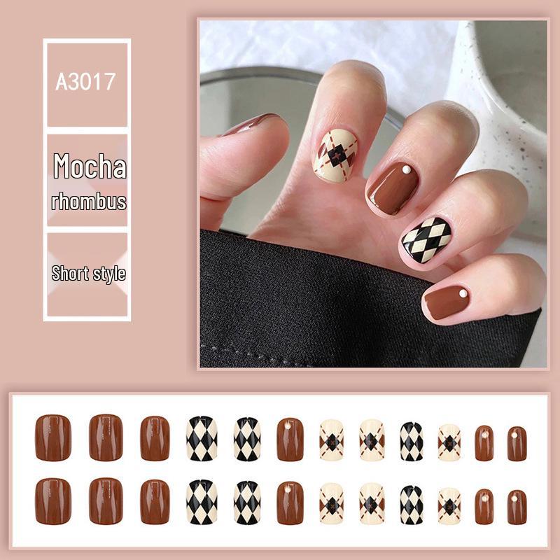 

Кофейные патчи для ногтей в клетку мокко, черно-белые - Короткая длина, Осенне-зимняя коллекция