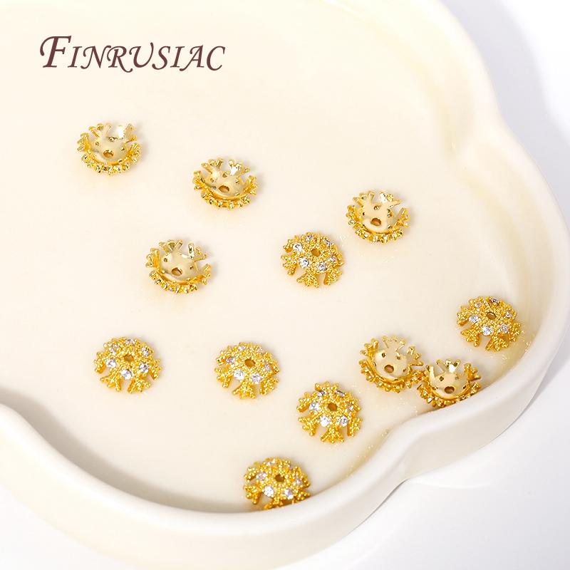 8MM 18K Gold Plated Brass With Zircon Snowflake Beads Caps Flower Bead End Caps For DIY Beading Jewelry Making Supplies