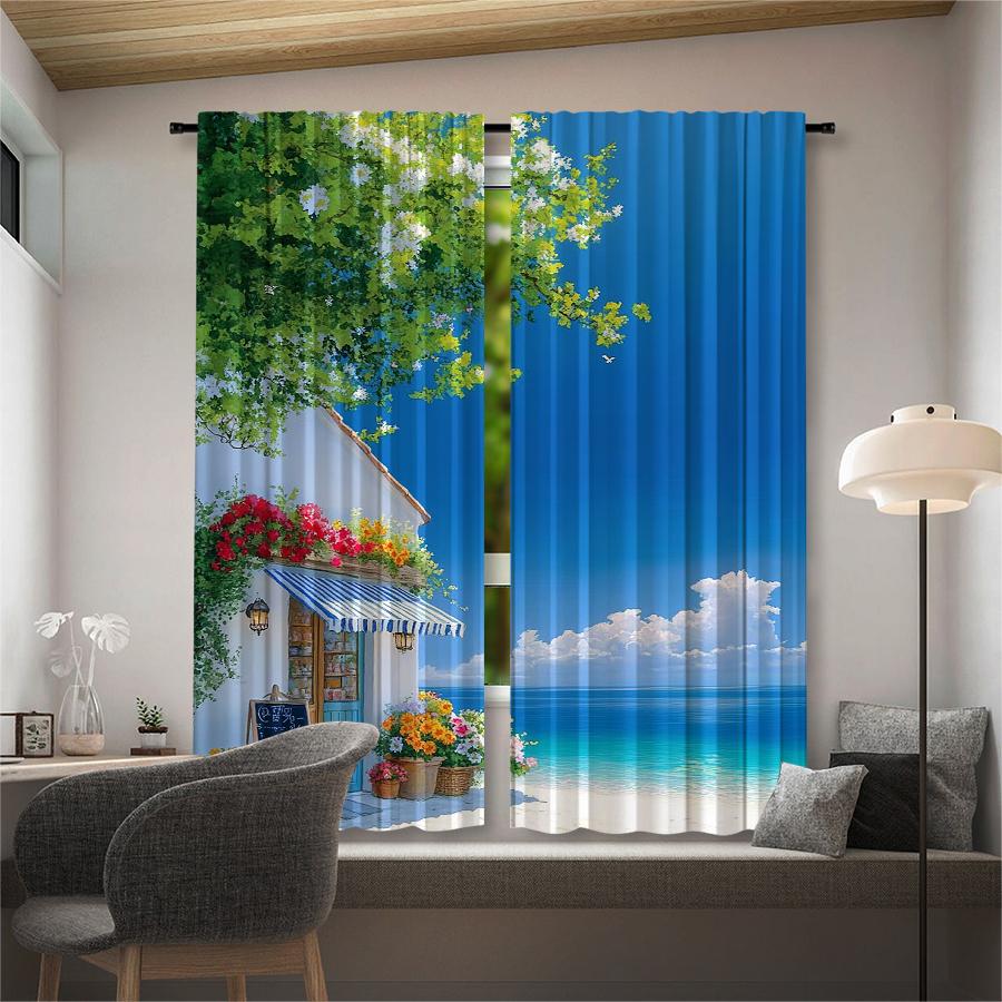 2pcs- Sea-view Room Landscape Printed Curtains   Pole Bag Curtains   Christmas Decorations   Home Decorations   Room Decorations