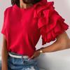T-shirt damski z okrągłym dekoltem, nierozciągliwy, zapobiegający mechaceniu, z warstwowym falbankowym krótkim rękawem, bluzka odzież damska