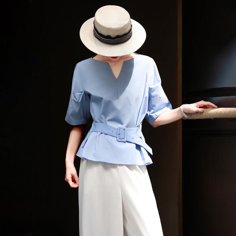 Elegant V-Neck 3/4 Sleeve Belted Blouse M