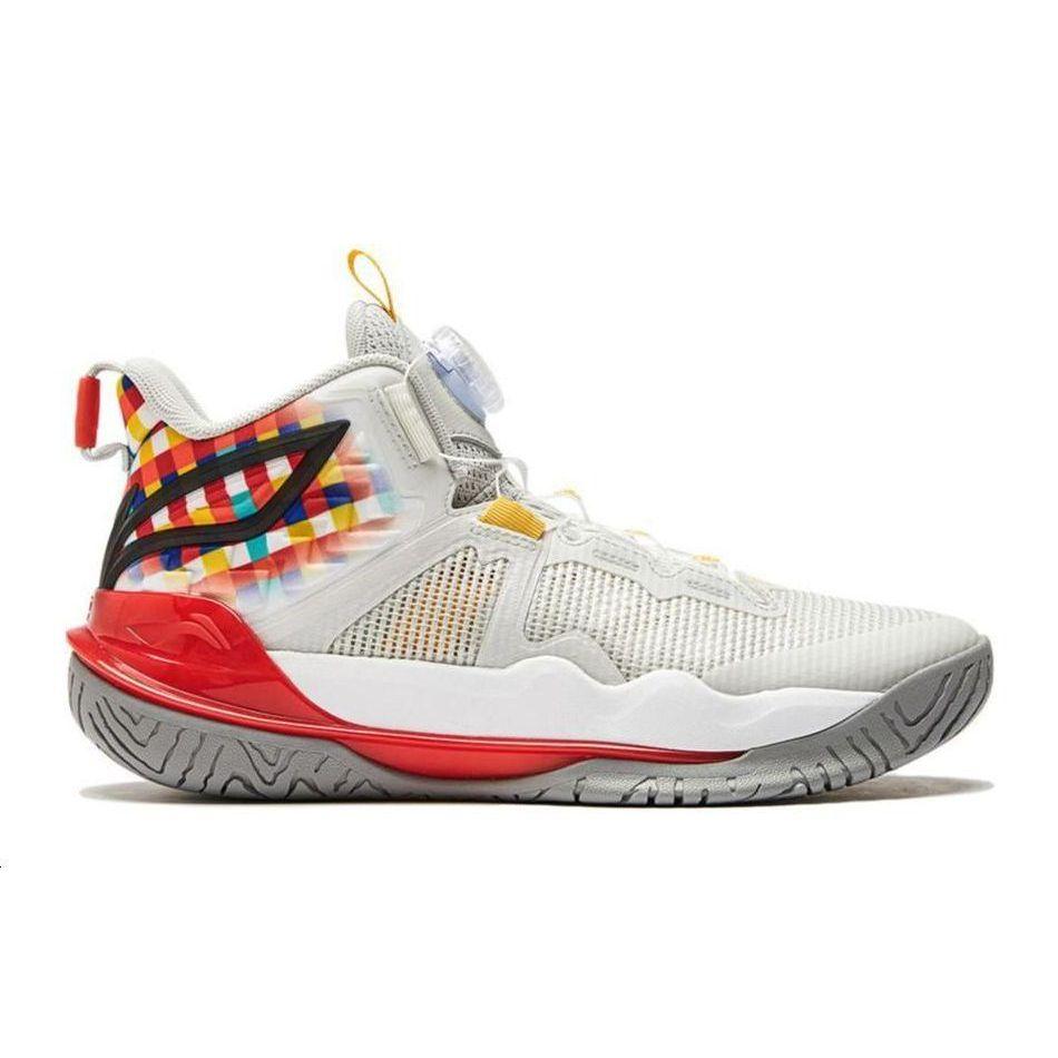 Li Ning Childrens Pioneer Team 3 V3 Comfortable Versatile Mid-Top Basketball Shoes Kids basketball shoes Red Gray YKBU038-5