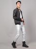 [East Rain] Silver Leather Pants, Pencil Trousers, PU Motorcycle Pants,