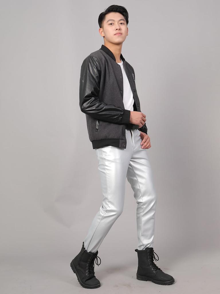 [East Rain] Silver Leather Pants, Pencil Trousers, PU Motorcycle Pants,