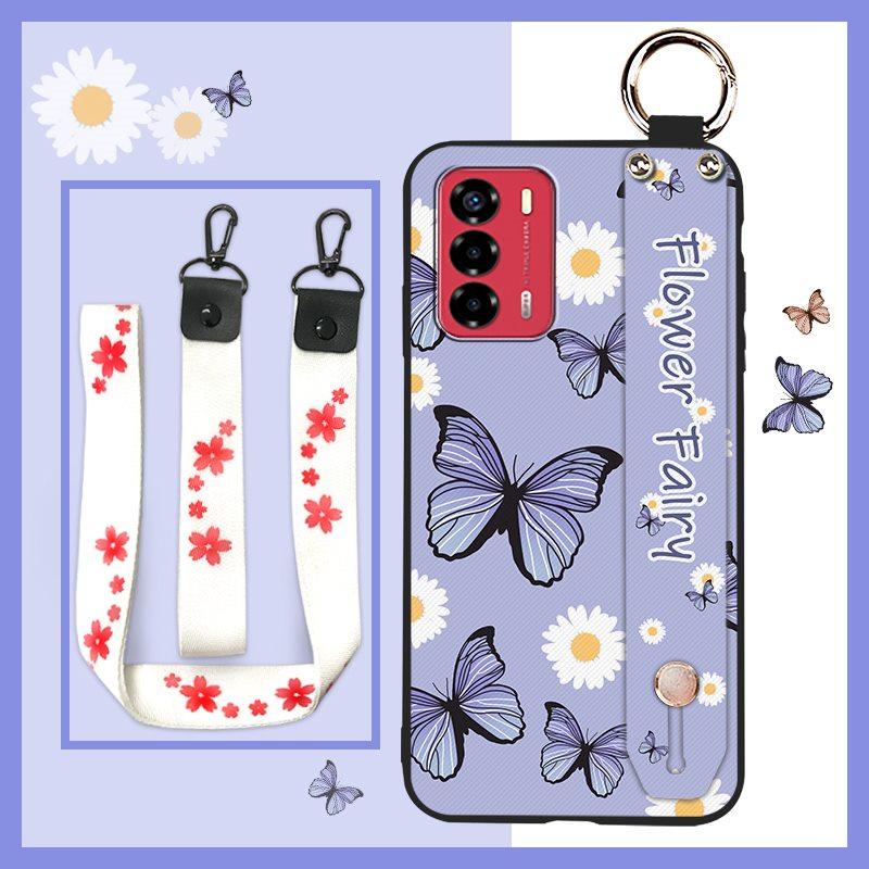 Durable Lanyard Phone Case For ZTE Blade V40 Vita/A72 Ring Anti-dust Fashion Design Silicone Kickstand Waterproof Flower