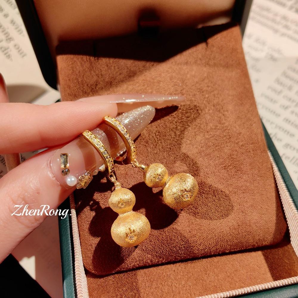 Women Luxury Copper Plated Real Gold Earrings Ancient Sand Gold Diamond Studded Gourd Drop Earrings