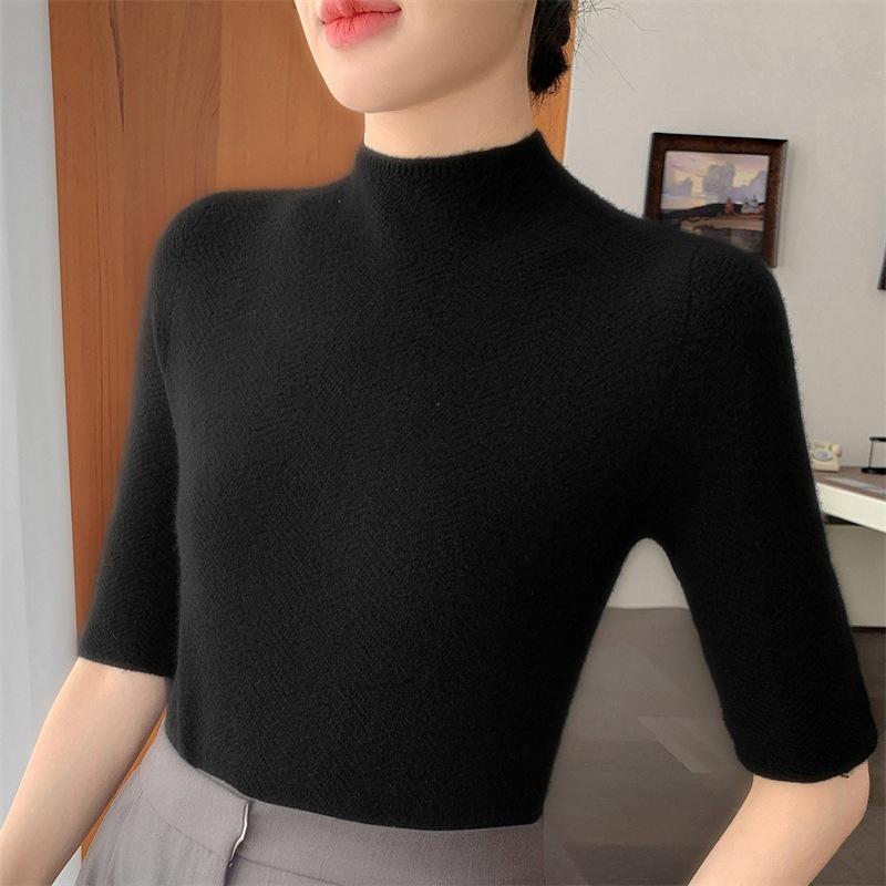 Women's Slim-Fit Knit Sweater: Half-High Neck, Mid-Sleeve, Versatile for Autumn & Winter.